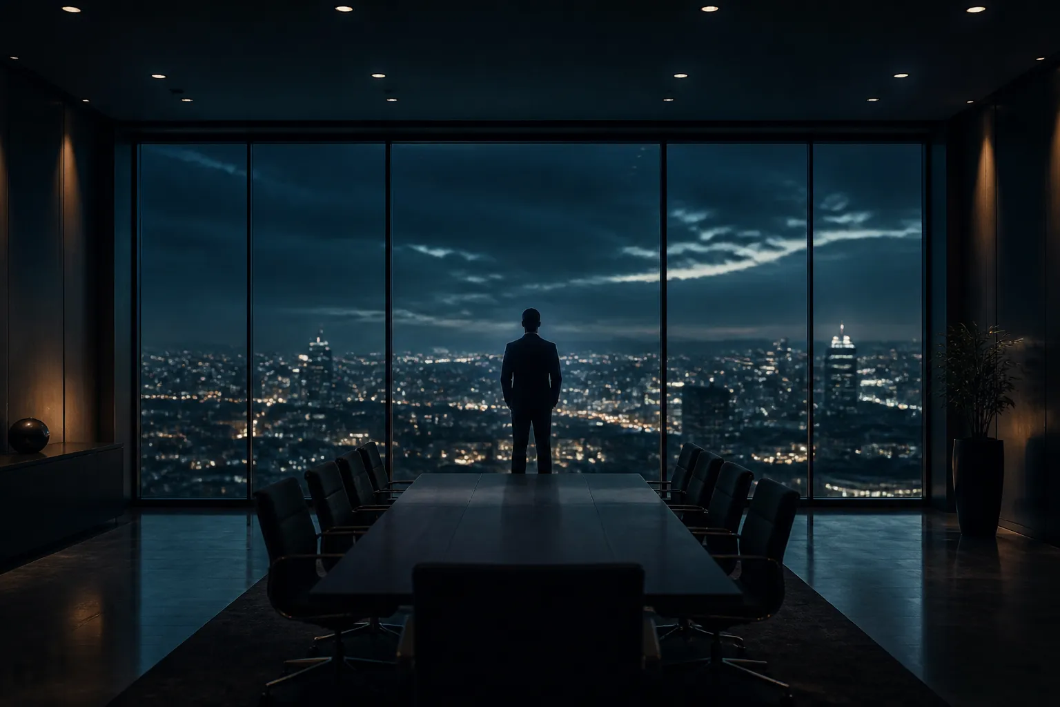 Professional standing alone at a window overlooking a city at night